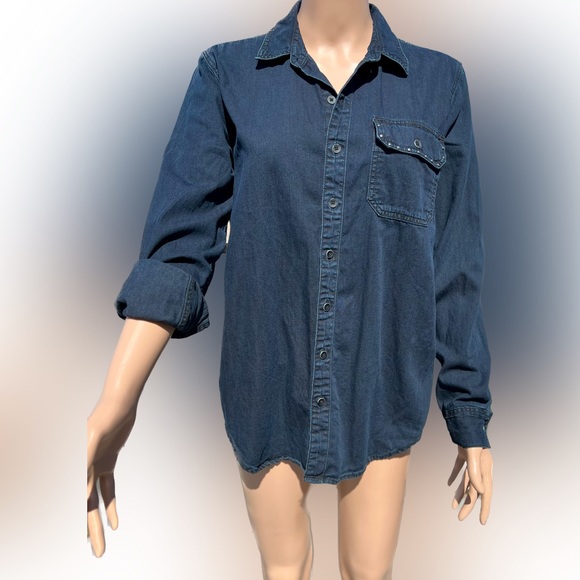 Lucky Brand Hand Crafted Studded Dark Denim Shirt - Picture 1 of 10